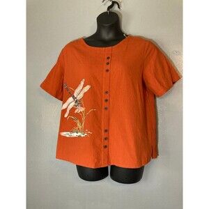 Orange button up top with dragonfly design